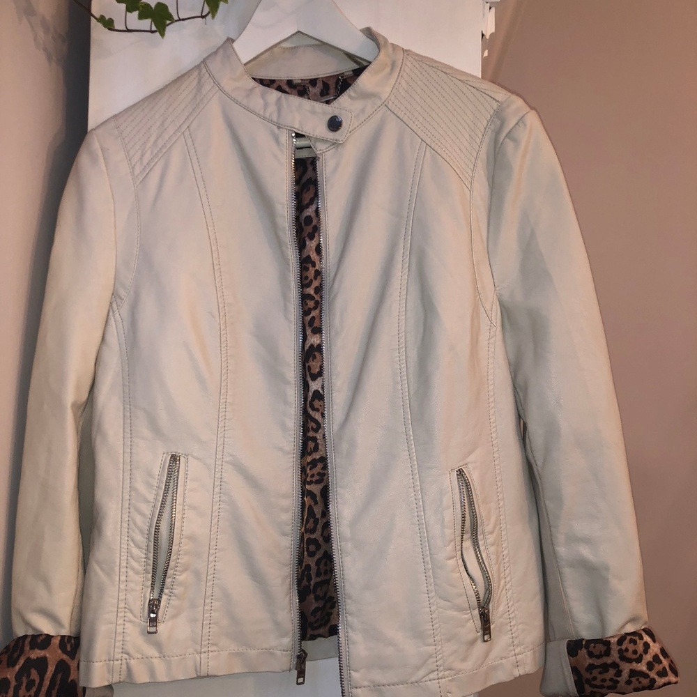 Black Rivet Faux Leather Jacket Ivory